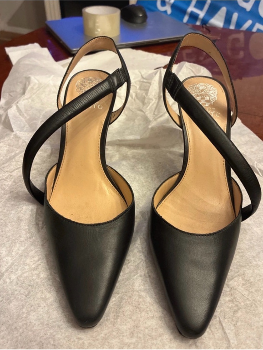 Vince Camuto Black Pointed-Toe Heel with design strap from toe to ankle slip on - Picture 3 of 12